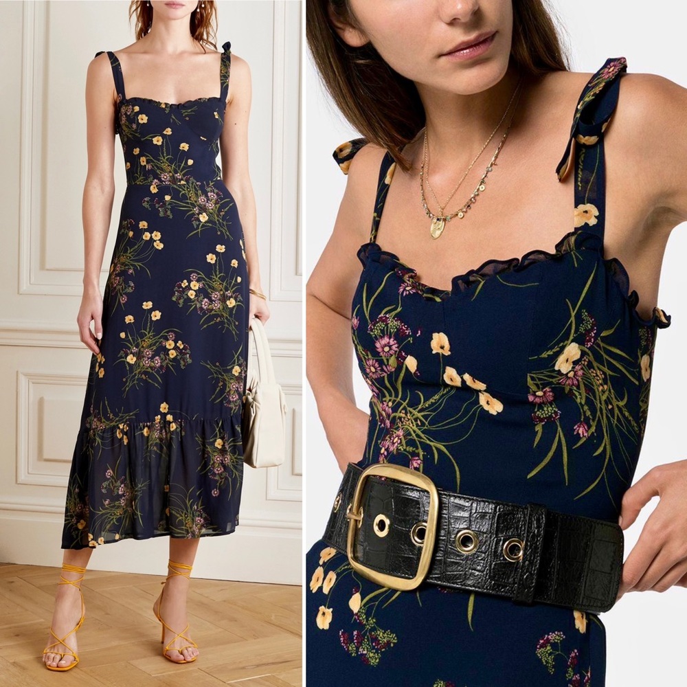 Reformation Nikita Floral Navy Blue Midi Dress Mademoiselle 2 XS